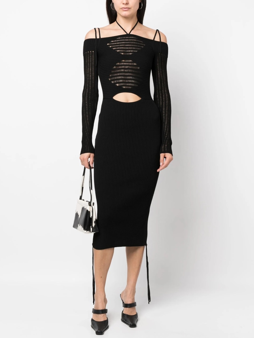 ANDREADAMO Black Ribbed Cut-Out Midi Dress Bodycon Size S NWT